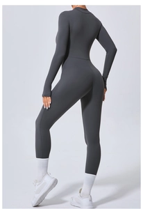 Vue arrière du body de yoga gris foncé avec coutures sculptantes et coupe moulante