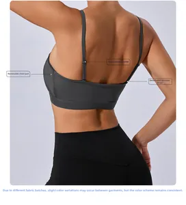 Soutien-gorge sport gris avec coussinets amovibles, boucle réglable et bretelles