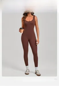 Detail of dark brown backless sleeveless yoga jumpsuit with high elasticity fabric