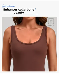 Detail of low U-neck chocolate brown yoga bodysuit showing supportive fit and smooth fabric