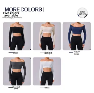 Collage of long sleeve off-the-shoulder yoga crop tops in five different colors