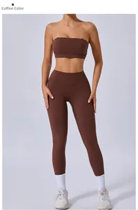 Close-up of coffee brown yoga set featuring high-waist leggings and removable strap bra
