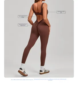 Detail view of the back cutout and ruched butt lifting design on a brown yoga jumpsuit