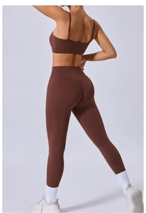 Rear view of brown yoga set with high waist leggings and back design sports bra