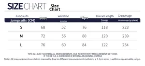 Detailed size chart for backless yoga jumpsuit showing S M L measurements in CM