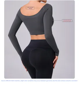 Detail of off-shoulder long sleeve crop top yoga wear in dark grey without chest pads
