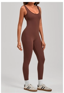 Detail view of the seamless brown backless yoga bodysuit with high elastic fabric finish