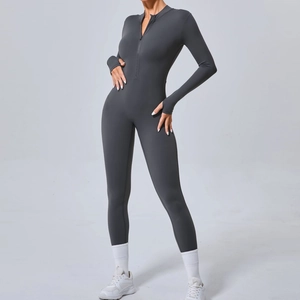 Combinaison de Sport Ajustée pour Femmes Manches Longues Demi Zip Yoga Bodysuit avec Passe-Pouces Haute Élasticité Catsuit