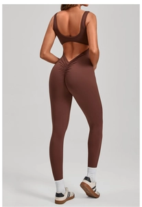 Close-up of open back design and scrunch butt detail on coffee yoga jumpsuit