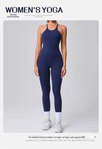 Detail of navy blue backless yoga bodysuit with adjustable straps and sizing chart info