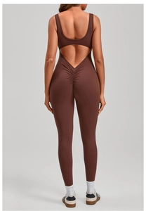 Detail of deep brown yoga jumpsuit featuring backless design and scrunch butt lifting effect