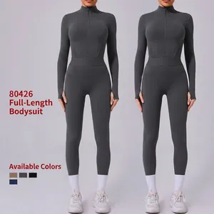 Combinaison de Yoga Manches Longues Femmes Nylon Élasthanne Moulante Body de Sport avec Passe-Pouce Fermeture Éclair Unitard