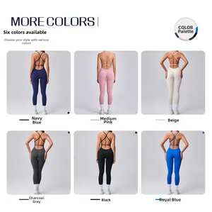 Detailed grid view showcasing six color options for the open-back athletic yoga jumpsuit