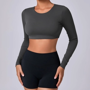 Women's winter brushed long sleeve fitness top and high waist sports shorts set