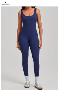 Close-up of navy blue backless sleeveless yoga jumpsuit in high-elasticity fabric