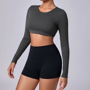 Women's tight-fit brushed long sleeve yoga top with high-waist shorts in dark gray