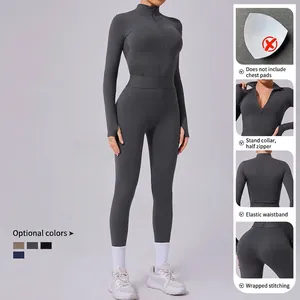 Body de yoga gris foncé à manches longues avec col montant zippé et taille élastique gainante