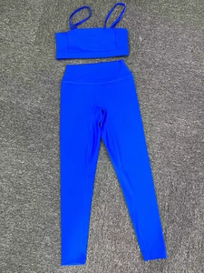 Deep blue yoga set with removable strap sports bra and high-waist seamless leggings