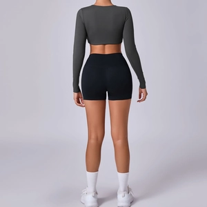 Deep grey brushed long-sleeve crop top with high waist black shorts for women
