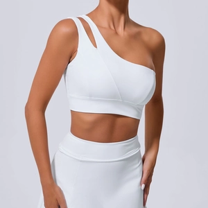 Soutien-gorge de sport yoga blanc à une épaule asymétrique et legging taille haute assorti
