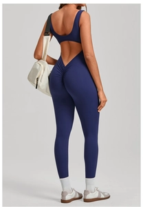 Detail view of backless V-waist yoga jumpsuit with ruched seam for butt lifting
