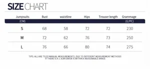Tableau des tailles pour combinaison de yoga dos nu avec mesures de poitrine et taille