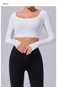 Detailed view of white long sleeve crop top with square neckline and high elastic fabric