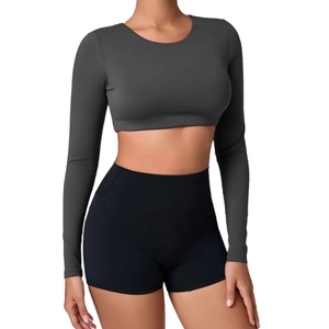 Women's winter long sleeve yoga crop top and high waist sports shorts set in dark grey