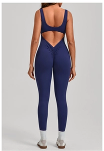 Detail view of the backless ruched yoga jumpsuit highlighting the lifting buttocks design