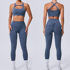 Ensemble Yoga Femme Soutien Gorge de Sport Ajouré Leggings Taille Haute Froncé Avec Poches Nylon Élasthanne Sport Top And Bottom