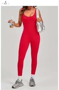 Deep U-neck sleeveless red yoga bodysuit with high-stretch bodycon sculpting fabric