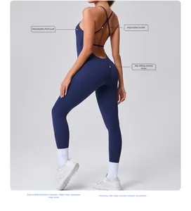 Detail showing cross-back straps, adjustable buckle and push-up seam on navy yoga bodysuit