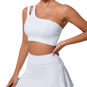 Ensemble blanc brassière de sport monobretelle et jupe de tennis à taille haute fitness