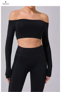 Detail of black off-shoulder long sleeve yoga top and high waist leggings fitness set