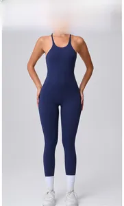 Detail view of navy blue high-stretch athletic yoga bodysuit with slim fit design