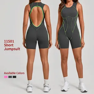 Combinaison de Yoga une Pièce Haute Élasticité pour Femmes Coutures Contrastées Dos Nu Coupe Ajustée Barboteuse Athlétique sans Manches pour Gym Fitness