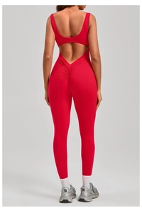Close-up of backless red yoga bodysuit with scrunch butt lifting detail for fitness