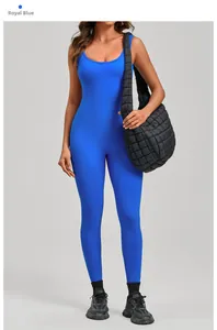 Detailed view of backless royal blue yoga bodysuit with slim fit and V-waist design