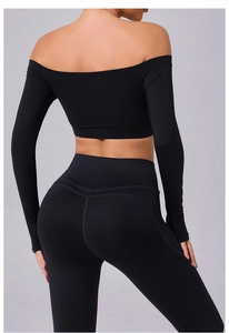 Detailed back view of off-shoulder yoga top with high-waist slimming fitness leggings