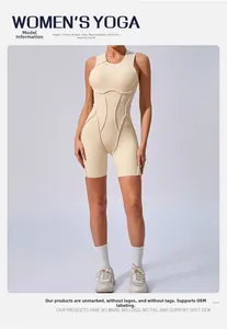 Front view of beige one-piece yoga bodysuit with supportive seam lines and slim fit design