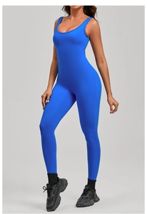 Close-up of vibrant blue sleeveless yoga jumpsuit with high-elastic compression fabric