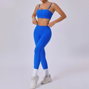Women's blue two-piece yoga set with removable strap sports bra and high waist leggings