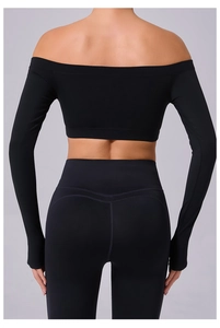 Rear view of black off-shoulder yoga top and high-waist leggings with compression fit