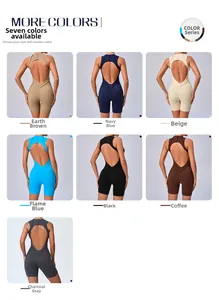 Detail view of seven colorful open-back sleeveless yoga jumpsuits with high elastic fabric