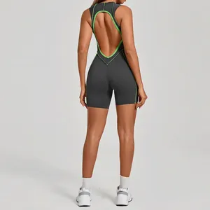Combinaison de yoga dos nu gris foncé et vert fluo pour femme, coupe sport moulante