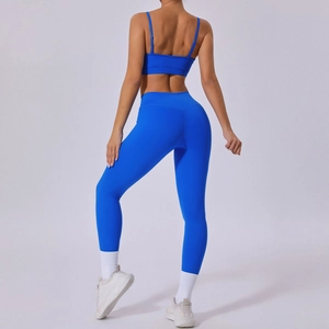 Women royal blue yoga set with sports bra and high waist leggings for gym fitness