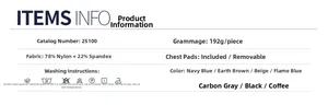 Size chart showing 78% nylon 22% spandex fabric and removable chest pads detail