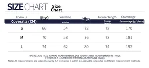 Detailed size chart for the athletic one-piece yoga jumpsuit with S, M, and L measurements