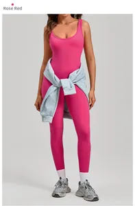 Front view of a rose red backless yoga bodysuit with high elasticity and quick-dry fabric