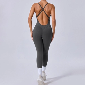Combinaison de Yoga Femme Une Pièce Dos Nu Bretelles Croisées Réglables Contrôle du Ventre Haute Élasticité Bodysuit
